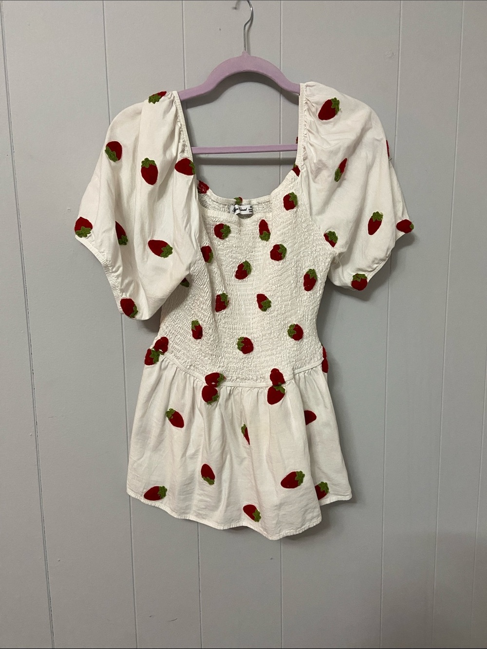 White Strawberry-Print Smocked Peplum Top - Women's